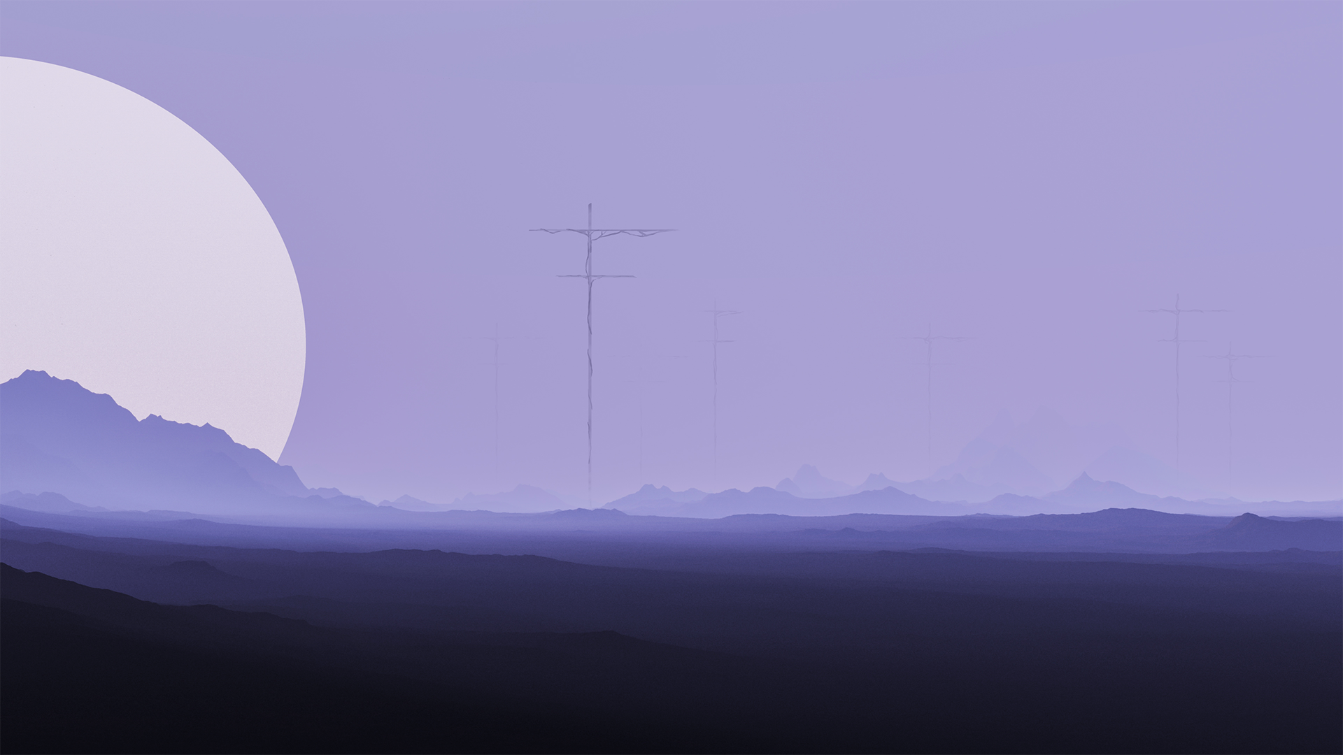 Pastel purple foggy landscape with a giant sun-like circle on the left of the frame and huge double-barred crosses in the distance.